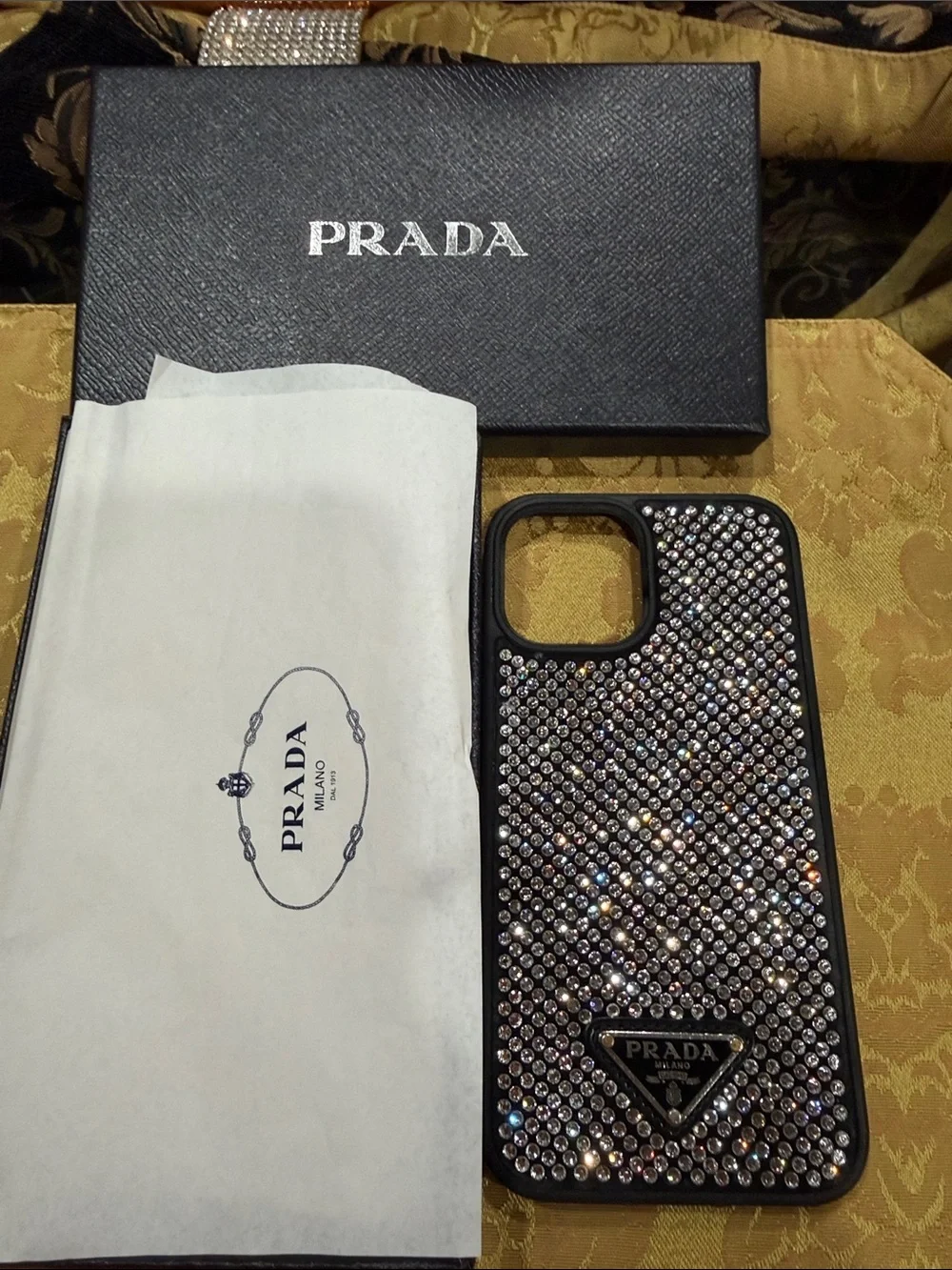 Prada Crystal-Embellished Phone Case in Black and Silver